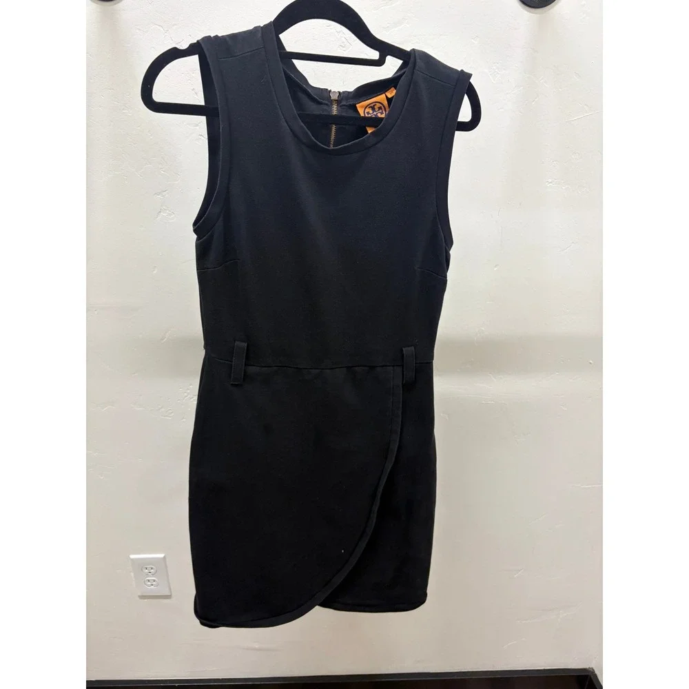 Tory Burch Black Sleeveless Wrap Front Sheath Dress Gold Back Zip XS old money